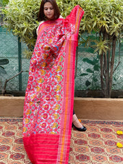 Red Handwoven Ikat Dupatta in Pure Silk