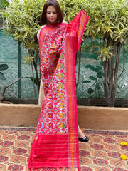 Red Handwoven Ikat Dupatta in Pure Silk