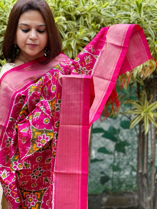 Pink Handwoven Ikat Dupatta in Pure Silk