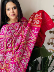 Pink with Red Bandhani Dupatta with Gotapatti Handwork in Pure Silk