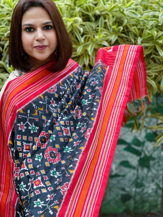 Black Handwoven Ikat Dupatta in Pure Silk