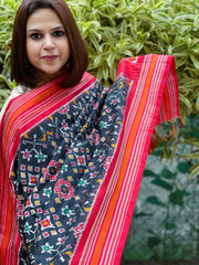 Black Handwoven Ikat Dupatta in Pure Silk