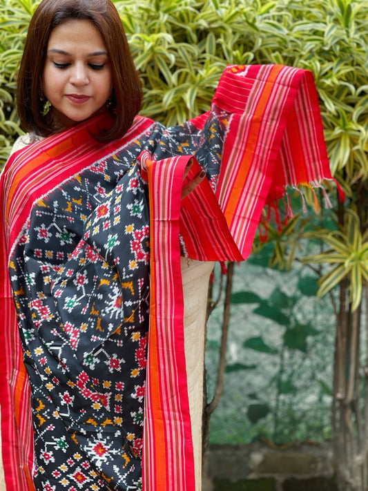 Black Handwoven Ikat Dupatta in Pure Silk