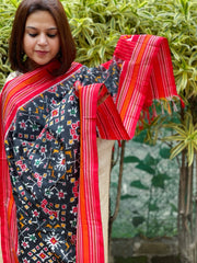 Black Handwoven Ikat Dupatta in Pure Silk