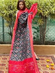 Black Handwoven Ikat Dupatta in Pure Silk
