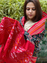 Black Handwoven Ikat Dupatta in Pure Silk