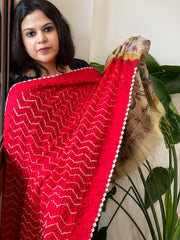 Red Rai Bandhej Dupatta with Handpainted Kalamkari Pallu in Pure Muga Silk