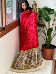 Red Rai Bandhej Dupatta with Handpainted Kalamkari Pallu in Pure Muga Silk