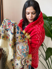 Red Rai Bandhej Dupatta with Handpainted Kalamkari Pallu in Pure Muga Silk