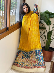 Yellow Rai Bandhej Dupatta with Handpainted Kalamkari Pallu in Pure Muga Silk