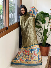 Mehendi Green Rai Bandhej Dupatta with Handpainted Kalamkari Pallu in Pure Muga Silk