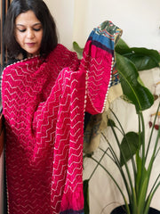 Pinkish Red  Rai Bandhej Dupatta with Handpainted Kalamkari Pallu in Pure Muga Silk