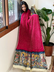 Pinkish Red  Rai Bandhej Dupatta with Handpainted Kalamkari Pallu in Pure Muga Silk