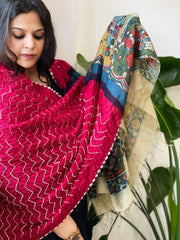 Pinkish Red  Rai Bandhej Dupatta with Handpainted Kalamkari Pallu in Pure Muga Silk