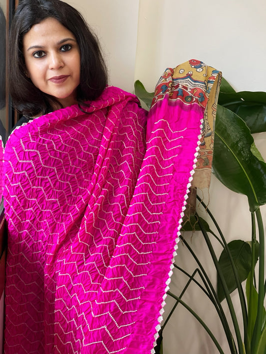 Hot Pink Rai Bandhej Dupatta with Handpainted Kalamkari Pallu in Pure Muga Silk