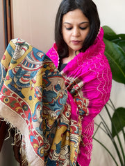 Hot Pink Rai Bandhej Dupatta with Handpainted Kalamkari Pallu in Pure Muga Silk
