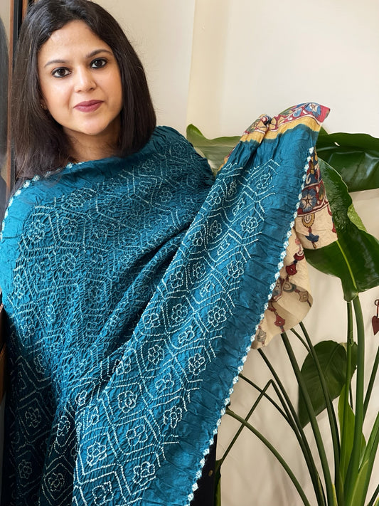 Dark Firozi Rai Bandhej Dupatta with Handpainted Kalamkari Pallu in Pure Muga Silk