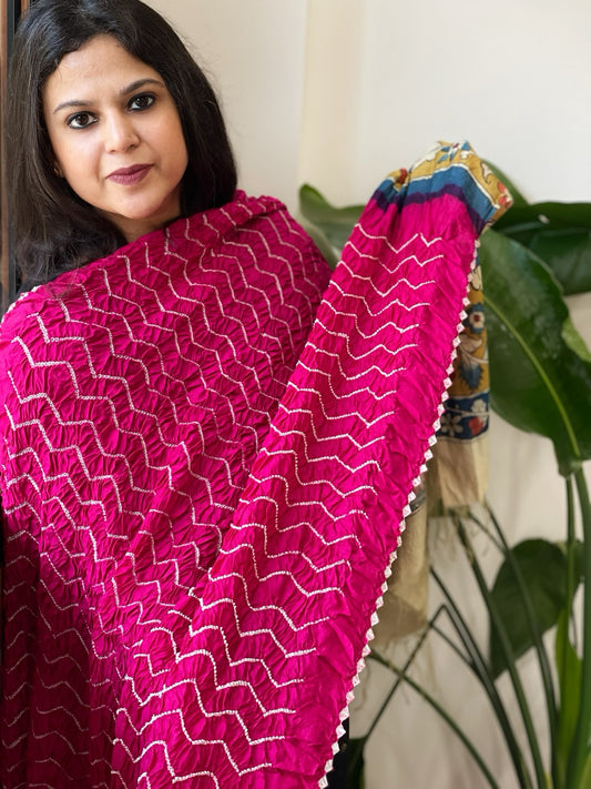 Hot Pink Rai Bandhej Dupatta with Handpainted Kalamkari Pallu in Pure Muga Silk