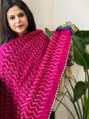 Hot Pink Rai Bandhej Dupatta with Handpainted Kalamkari Pallu in Pure Muga Silk