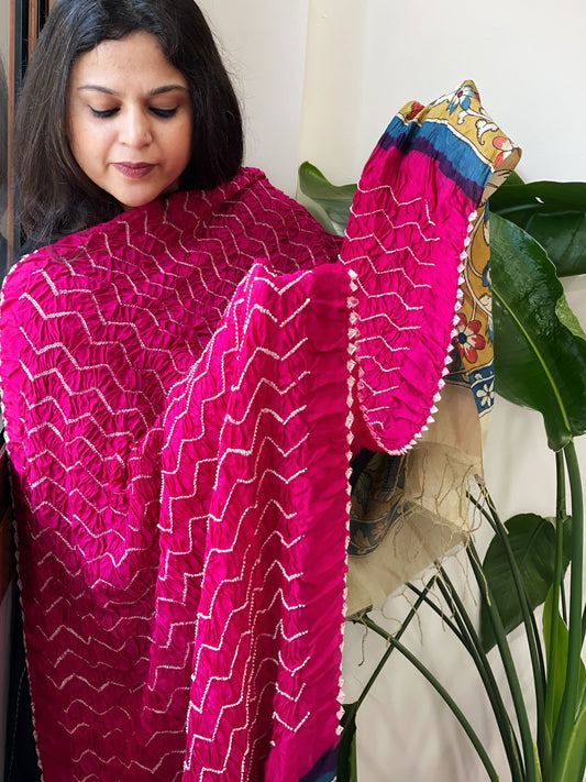Hot Pink Rai Bandhej Dupatta with Handpainted Kalamkari Pallu in Pure Muga Silk