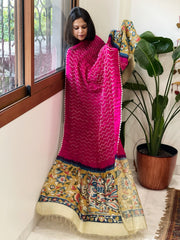 Hot Pink Rai Bandhej Dupatta with Handpainted Kalamkari Pallu in Pure Muga Silk