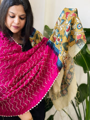 Hot Pink Rai Bandhej Dupatta with Handpainted Kalamkari Pallu in Pure Muga Silk