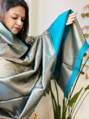 Turquoise Zari Reversible Woollen Shawl