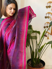 Purple, Pink Handmade Kantha Dupatta in Silk