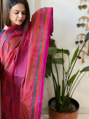 Orange, Pink Handmade Kantha Dupatta in Silk