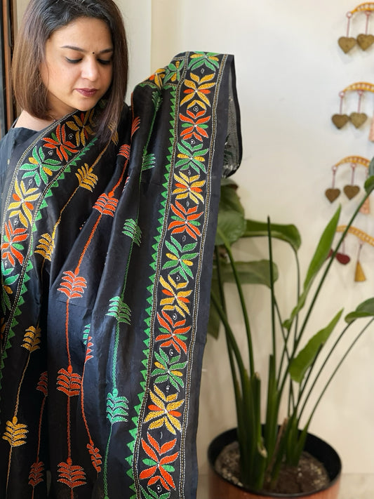 Black Handmade Kantha Dupatta in Silk