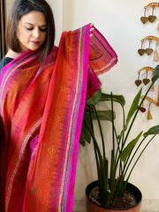 Pink, Orange Handmade Kantha Dupatta in Silk