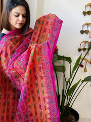 Pink, Orange Handmade Kantha Dupatta in Silk