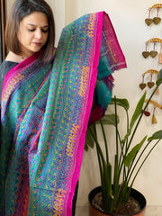 Pink, Blue Handmade Kantha Dupatta in Silk