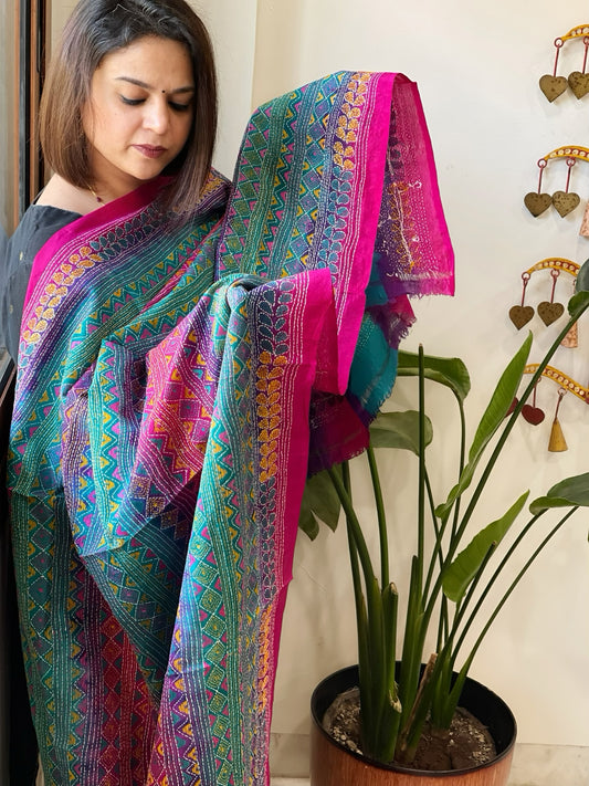 Pink, Blue Handmade Kantha Dupatta in Silk