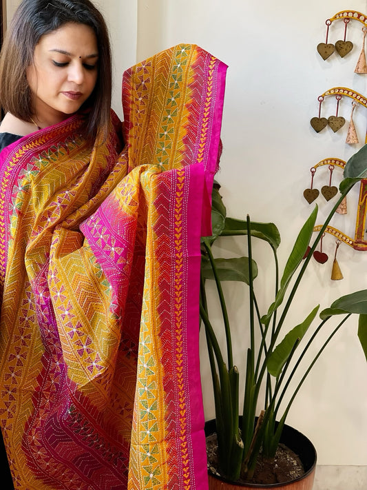 Mustard, Pink Handmade Kantha Dupatta in Silk