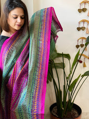 Green, Pink Handmade Kantha Dupatta in Silk