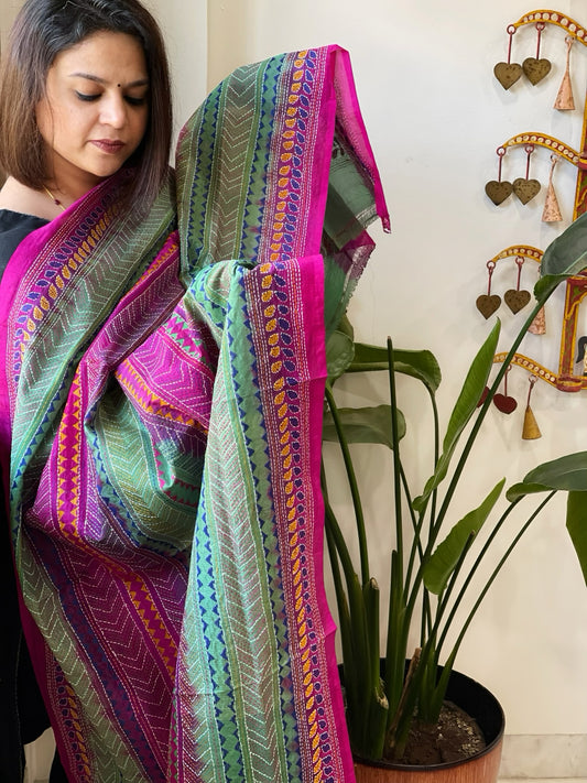 Green, Pink Handmade Kantha Dupatta in Silk