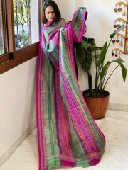 Green, Pink Handmade Kantha Dupatta in Silk