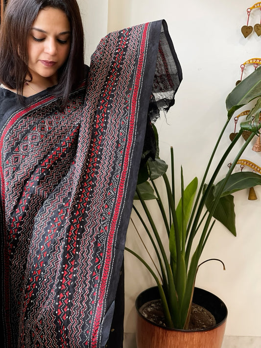 Black Handmade Kantha Dupatta in Silk