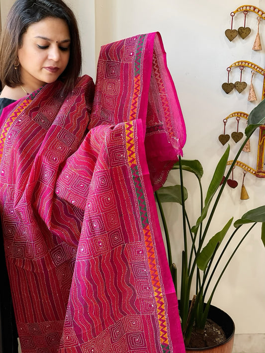 Pink Handmade Kantha Dupatta in Silk