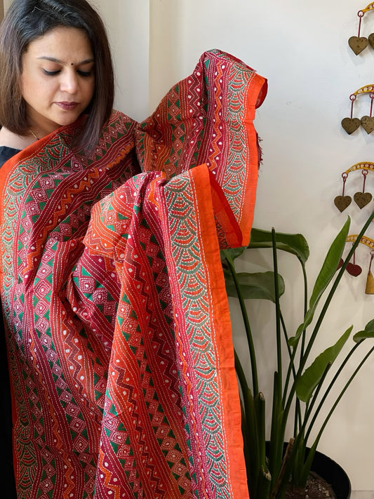 Orange, Maroon Handmade Kantha Dupatta in Silk