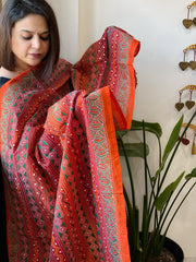 Orange, Maroon Handmade Kantha Dupatta in Silk