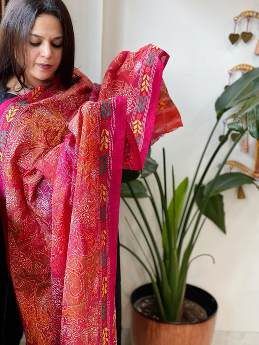 Orange, Pink Handmade Reverse Kantha Dupatta in Silk