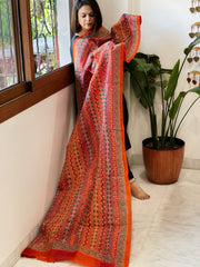 Orange, Maroon Handmade Kantha Dupatta in Silk