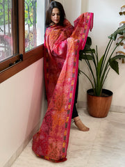 Orange, Pink Handmade Reverse Kantha Dupatta in Silk