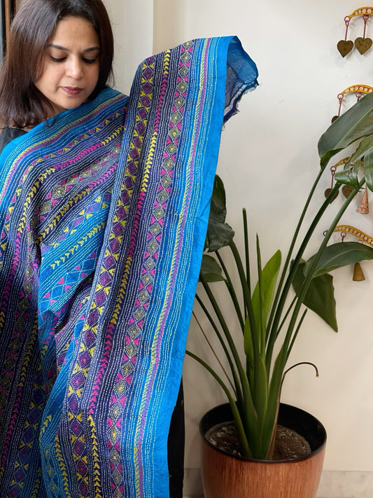 Dark Blue Handmade Kantha Dupatta in Silk