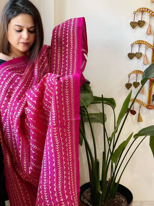 Pink Handmade Kantha Dupatta in Silk