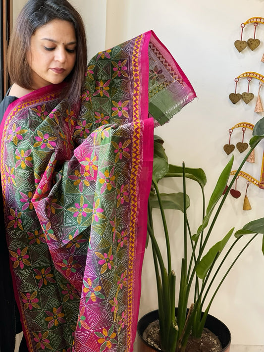 Green, Pink Handmade Kantha Dupatta in Silk