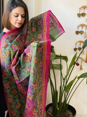 Green, Pink Handmade Kantha Dupatta in Silk