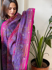 Pink, Purple Handmade Reverse Kantha Dupatta in Silk